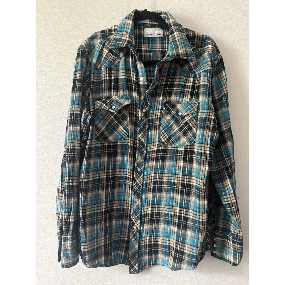 Vtg Flannel Wrangler Wrancher Pearl Snap Western Shirt Teal Plaid Cowboy 21" P2P